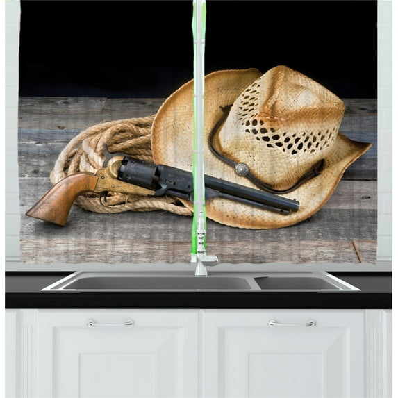 Ambesonne Western Kitchen Curtains, Cowboy Hat on Wooden Table, 55"x45", Ginger Camel