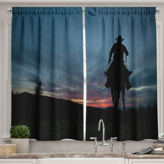 Ambesonne Western Kitchen Curtains, Cowboy Silhouette at Sunset, 55"x24", Dark Sky Blue and Black