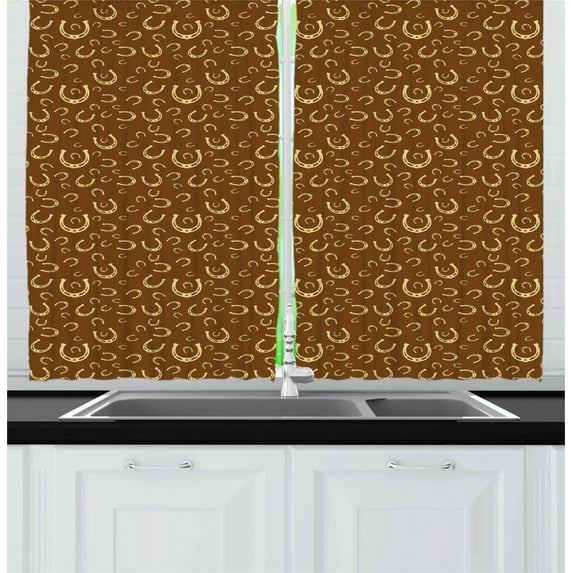Ambesonne Western Kitchen Curtains, Horseshoe Motif Barn, 55"x39", Pale Yellow Brown