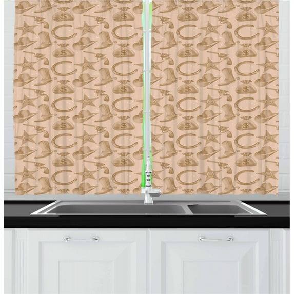 Ambesonne Western Kitchen Curtains, Money Revolver and Dots, 55"x39", Tan Brown