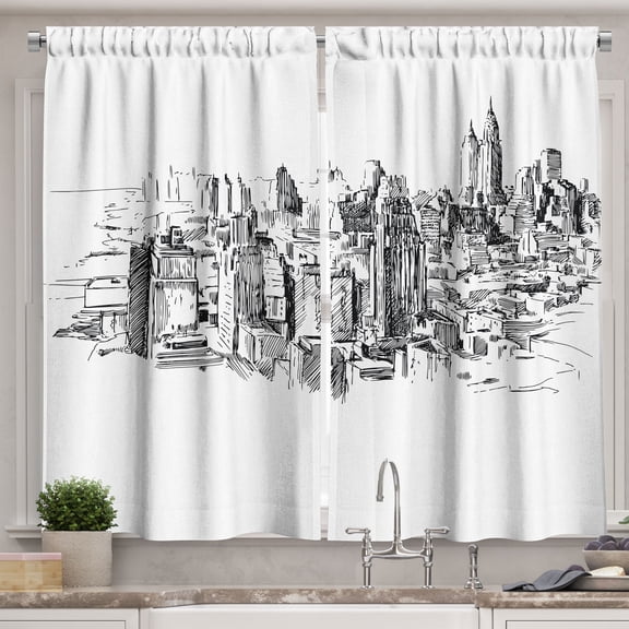 Ambesonne Western Kitchen Curtains, NYC Historical Sketch, 55"x45", Grey White