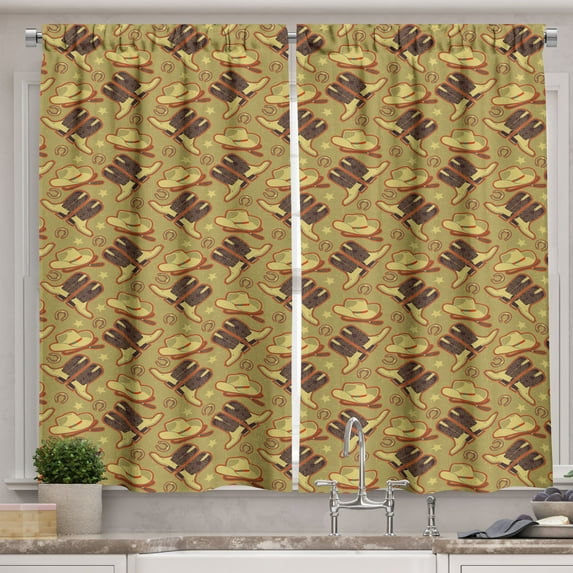 Ambesonne Western Kitchen Curtains, Vintage Hats and Boots, 55"x45", Khaki Dark Brown Scarlet