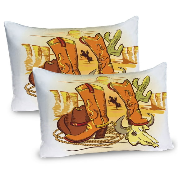 Ambesonne Western Pillow Sham 2 Pack, Old Wild Cowboys, 26"x20", Yellow Orange