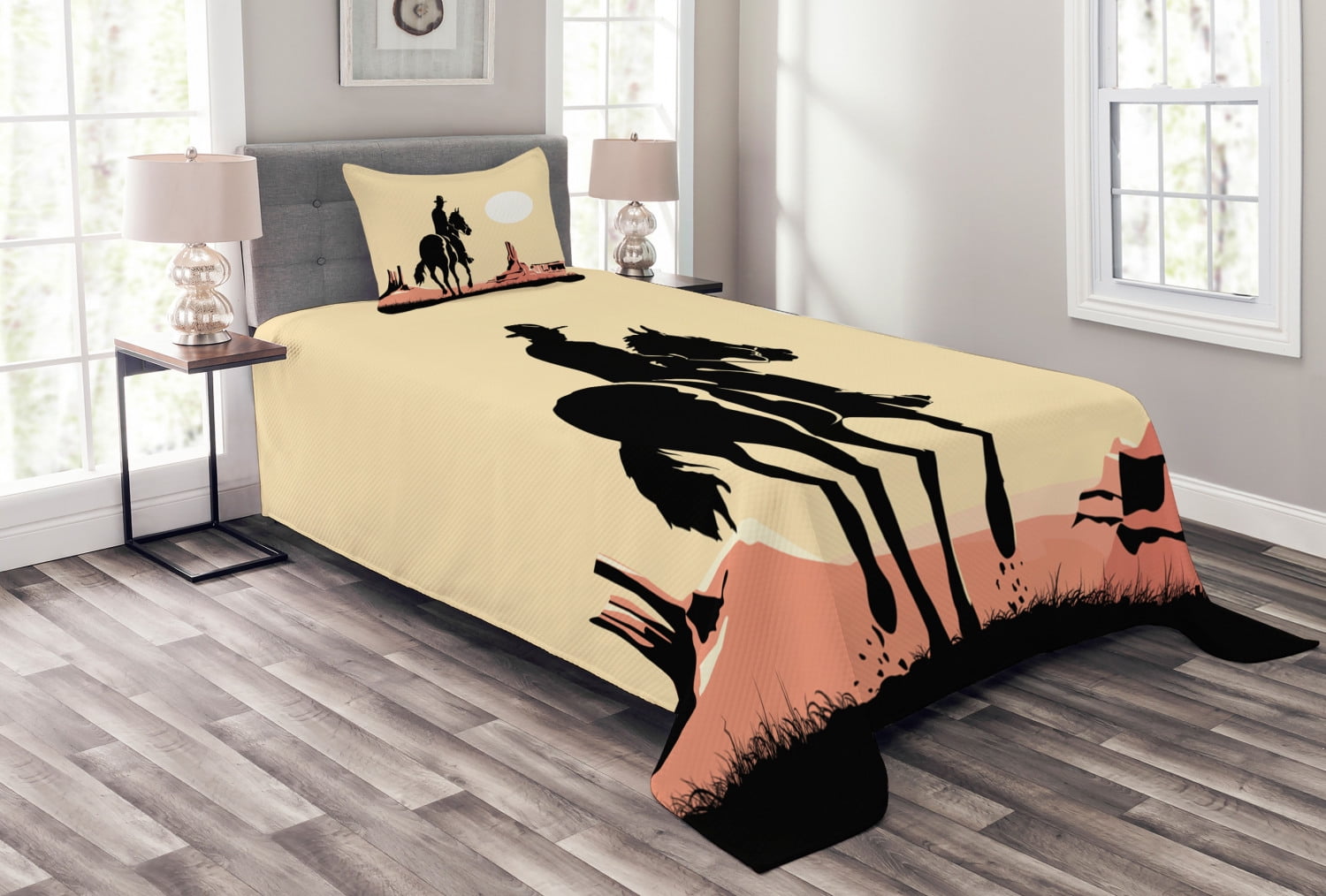 Western Cowboy Horse Sunset Twin Bedspread Set in White
