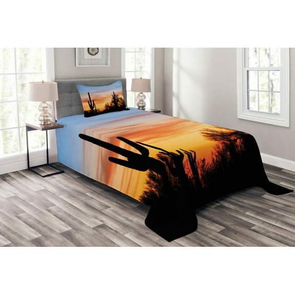 Ambesonne Western Quilted Bedspread Set 2 Pcs, Desert Cactus Wild West, Twin Size, Orange and Black