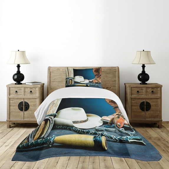 Ambesonne Western Quilted Bedspread Set 2 Pcs, Horseshoe Hat Antique, Twin Size, Blue Brown and Beige