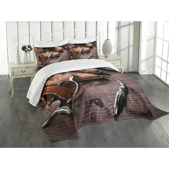 Ambesonne Western Quilted Bedspread Set 2 Pcs, Rustic Rodeo Cowboy, Twin Size, Brown