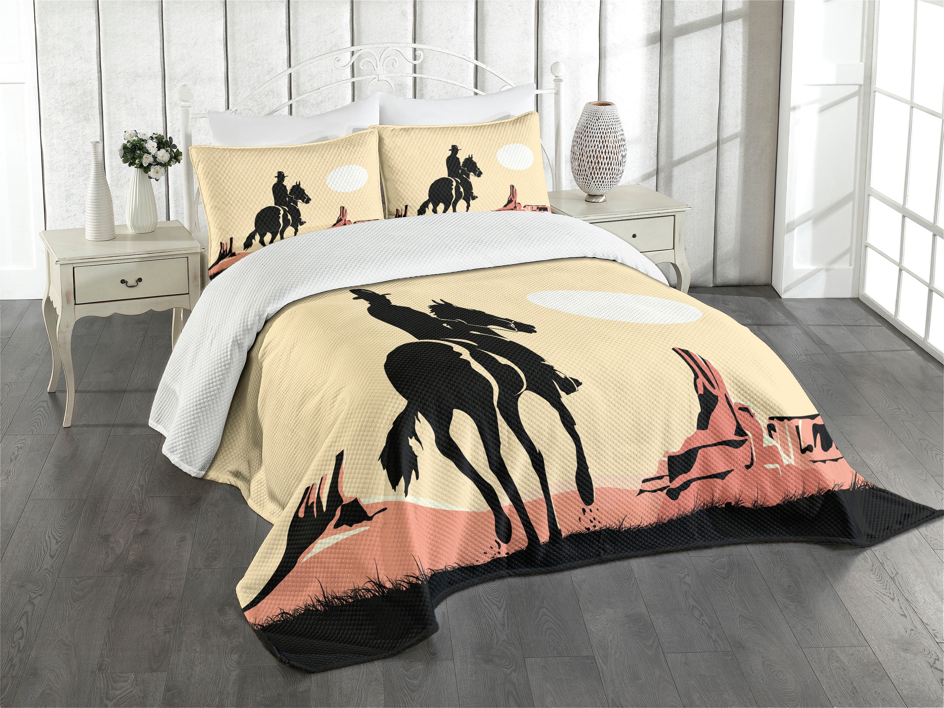 Western Cowboy Horse Sunset Quilted Queen Bedspread Set