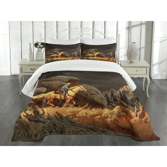Ambesonne Western Quilted Bedspread Set 3 Pcs, Cowboy Riding Horse, Queen Size, Earth Yellow Grey