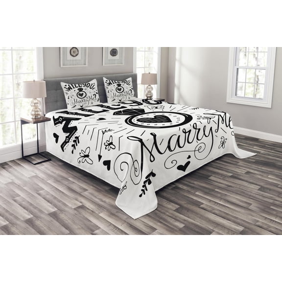 Ambesonne Western Quilted Bedspread Set 3 Pcs, Hearts Marriage, King Size, Black and White