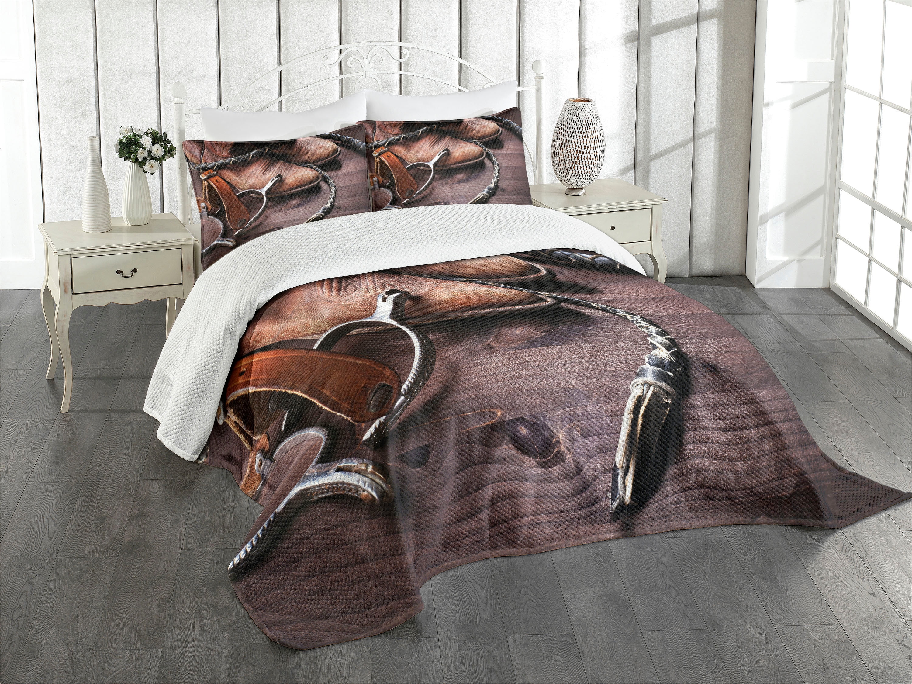 Rustic Brown Quilted Queen Bedspread Set with Pillow Shams