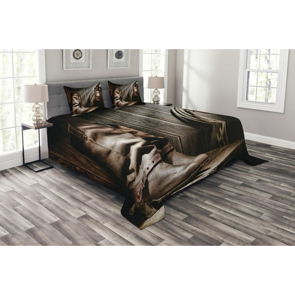 Ambesonne Western Quilted Bedspread Set 3 Pcs, Vintage Cowboys Bench, Queen Size, Brown