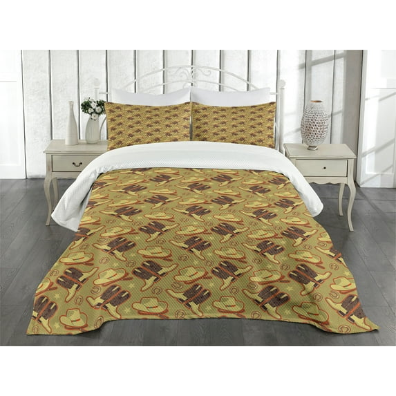 Ambesonne Western Quilted Bedspread Set 3 Pcs, Vintage Hats and Boots, King Size, Khaki Dark Brown Scarlet