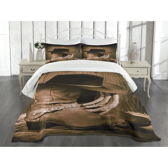 Ambesonne Western Quilted Bedspread Set 3 Pcs, Wild Cowboy Hat Wooden, Queen Size, Brown