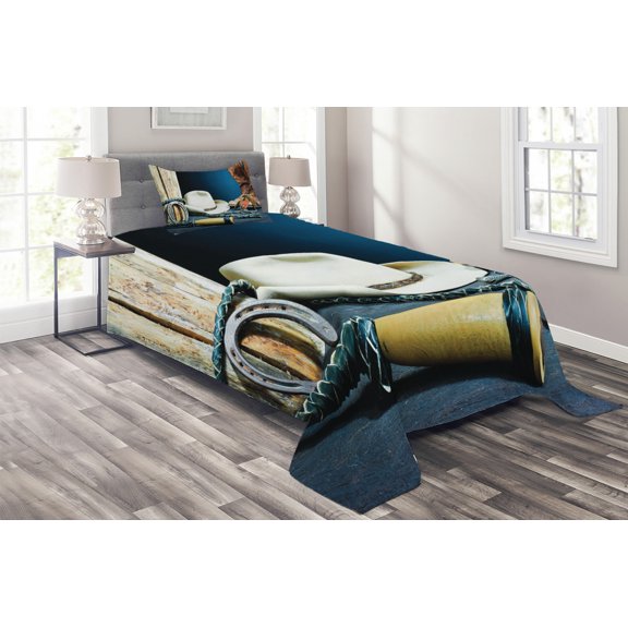 Ambesonne Western Quilted Coverlet 2 Pcs, Horseshoe Hat Antique, Twin Size, Blue Brown and Beige