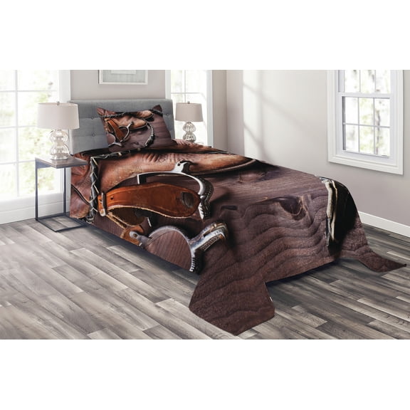 Ambesonne Western Quilted Coverlet 2 Pcs, Rustic Rodeo Cowboy, Twin Size, Brown