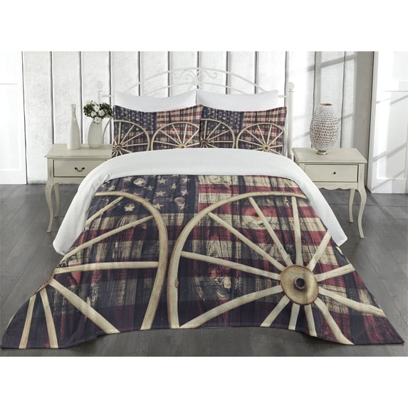 Ambesonne Western Quilted Coverlet 3 Pcs, Antique American Flag, King Size, Multicolor
