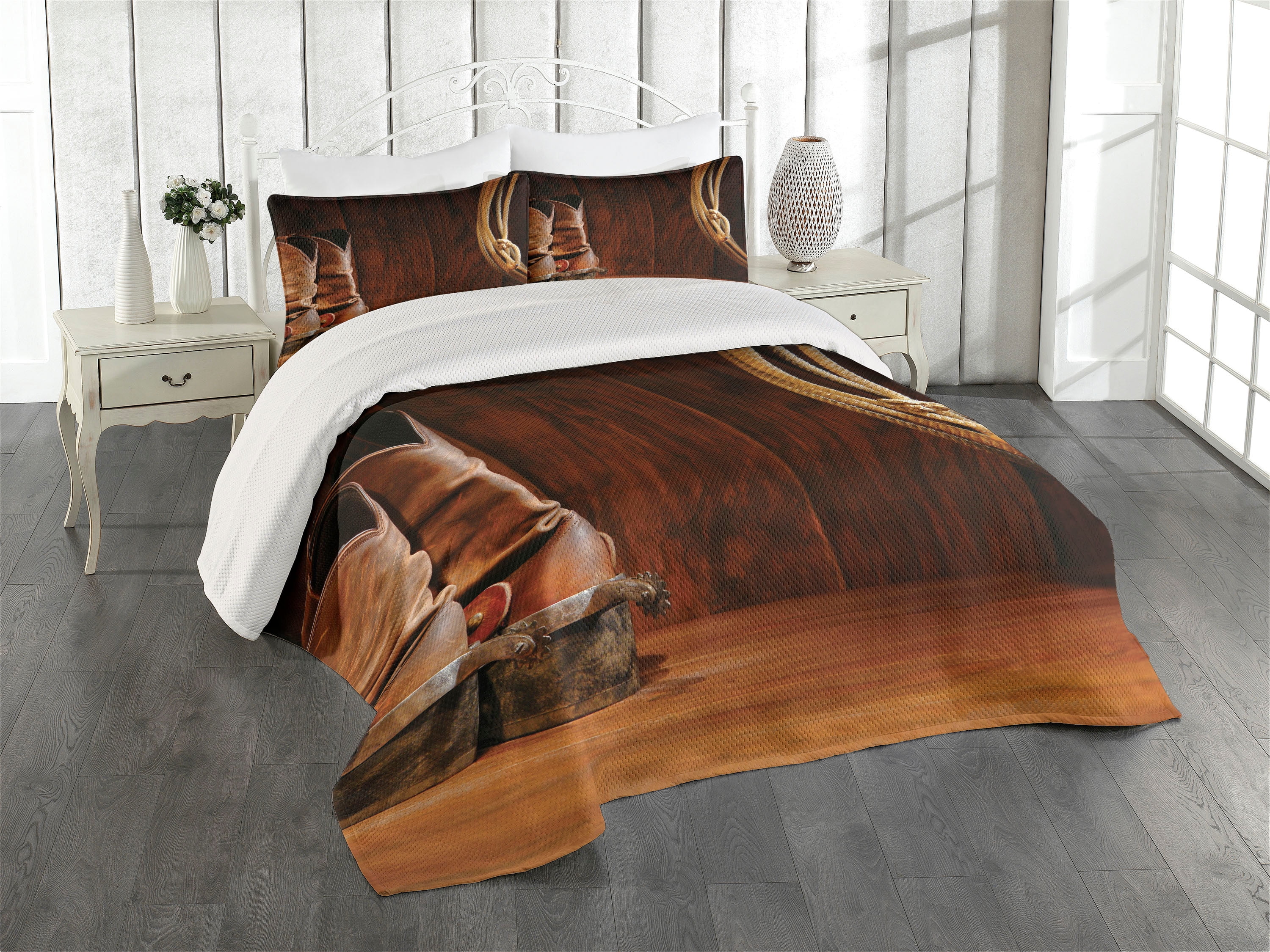 Rustic Brown Quilted Queen Bedspread Set with Pillow Shams