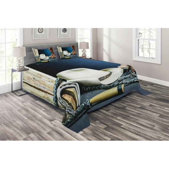 Ambesonne Western Quilted Coverlet 3 Pcs, Horseshoe Hat Antique, King Size, Blue Brown and Beige