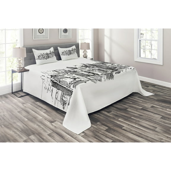 Ambesonne Western Quilted Coverlet 3 Pcs, NYC Historical Sketch, Queen Size, Grey White