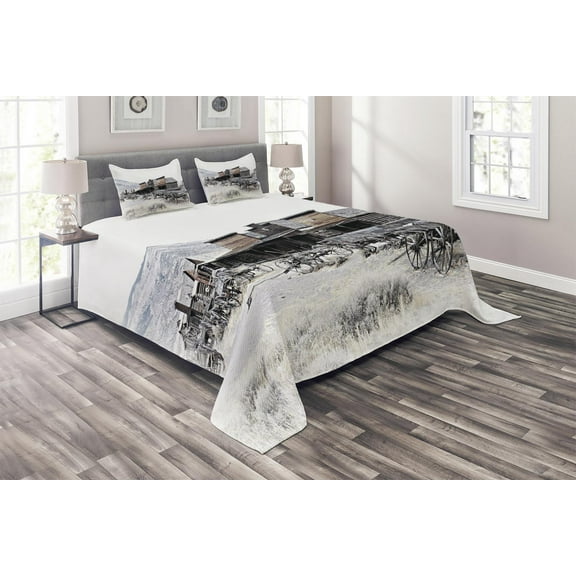 Ambesonne Western Quilted Coverlet 3 Pcs, Old Wooden 20s Town, Queen Size, Brown White