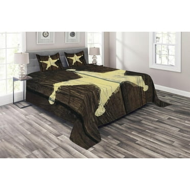 Ambesonne Western Quilted Coverlet 3 Pcs, Rustic Wooden Lone Star, King Size, Pale Yellow and Brown