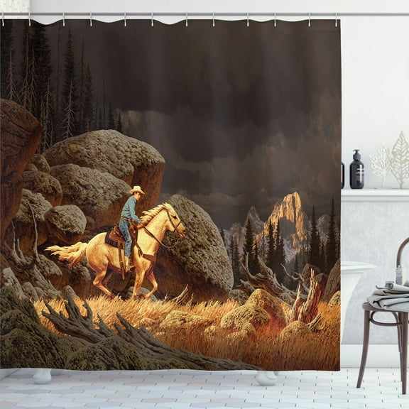 Ambesonne Western Shower Curtain, Cowboy Riding Horse, 69"Wx70"L, Earth Yellow Grey