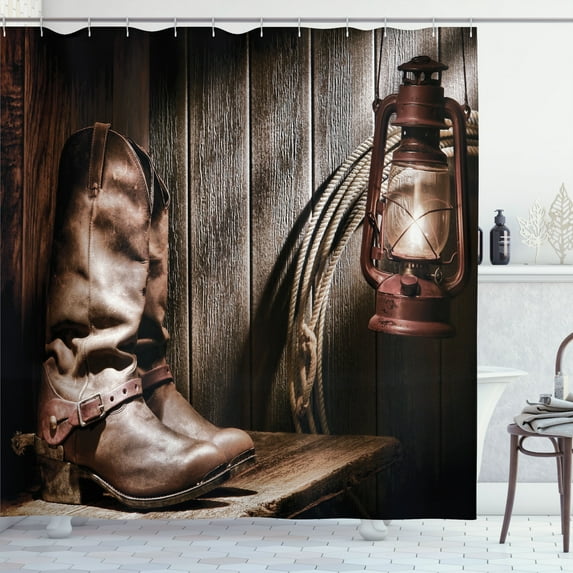 Ambesonne Western Shower Curtain, Vintage Cowboys Bench, 69"Wx70"L, Brown