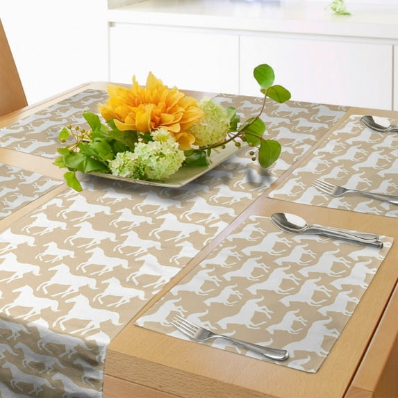Ambesonne Western Table Runner & Placemats, Horse Silhouette Animal, Placemat 4 pcs + Runner 14"x72", Tan White