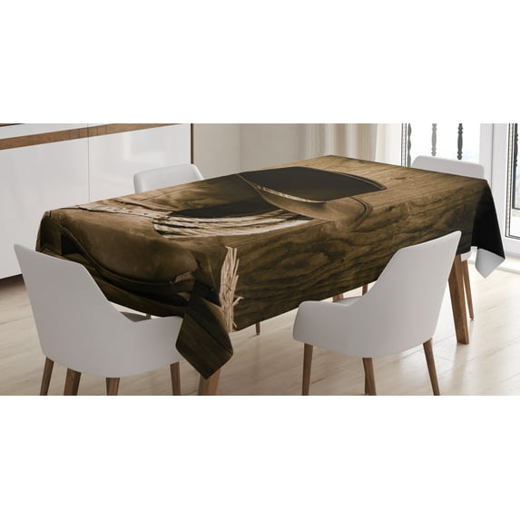 Ambesonne Western Tablecloth Rectangular Table Cover, Wild Cowboy Hat Wooden, 52"x70", Brown