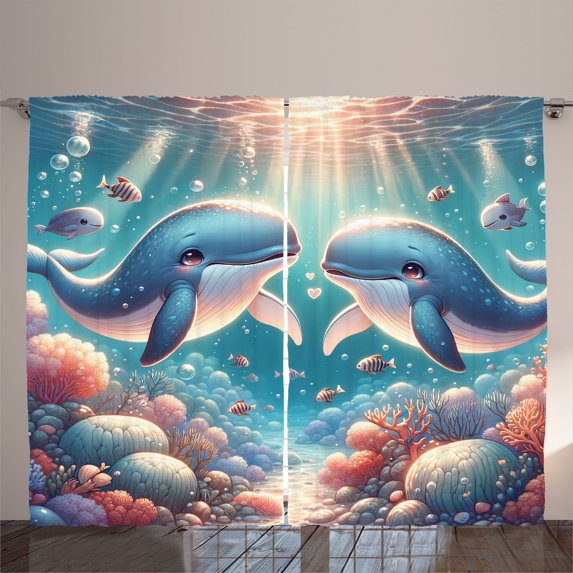 Ambesonne Whale Curtains 2 Panel Set, Aqua Art Deep Ocean Cartoon, 108" x 90", Sea Blue and Coral