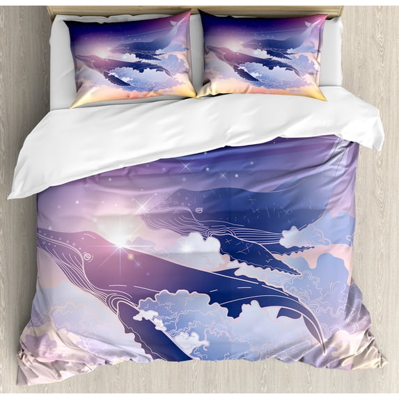Ambesonne Whale Duvet Cover Set, Dreamy Night with Clouds, Queen, Peach Lilac Dark Blue