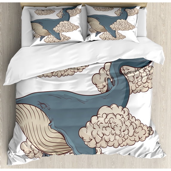 Ambesonne Whale Duvet Cover Set, Sky Clouds Animal Fish, Calking, Beige Slate Blue
