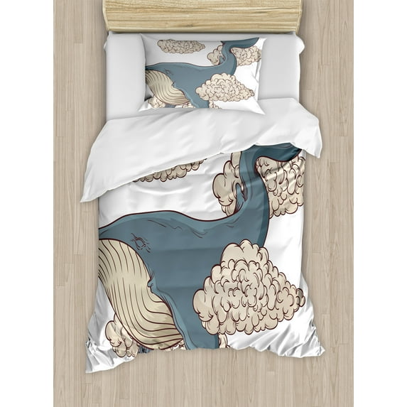 Ambesonne Whale Duvet Cover Set, Sky Clouds Animal Fish, Twin, Beige Slate Blue