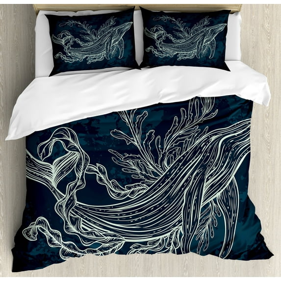 Ambesonne Whale Duvet Cover Sets, Doodle Coral Reef Seaweed, 2-King, Slate and Petrol Blue