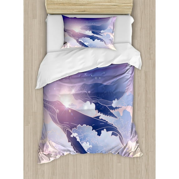 Ambesonne Whale Duvet Cover Sets, Dreamy Night with Clouds, 2-Twin, Peach Lilac Dark Blue
