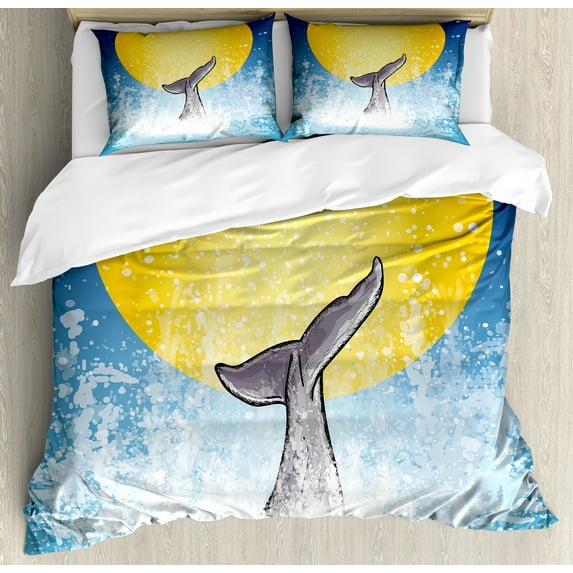 Ambesonne Whale Duvet Cover Sets, Fish Tail Ocean Full Moon, 2-King, Yellow Grey Blue