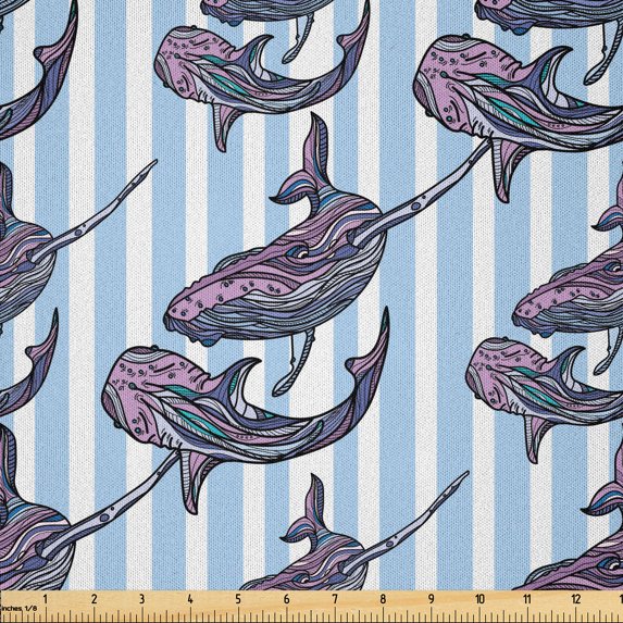 Ambesonne Whale Fabric by the Yard Microfiber, Giant Marine Mammals, 10 Yards, Pale Blue White Lilac
