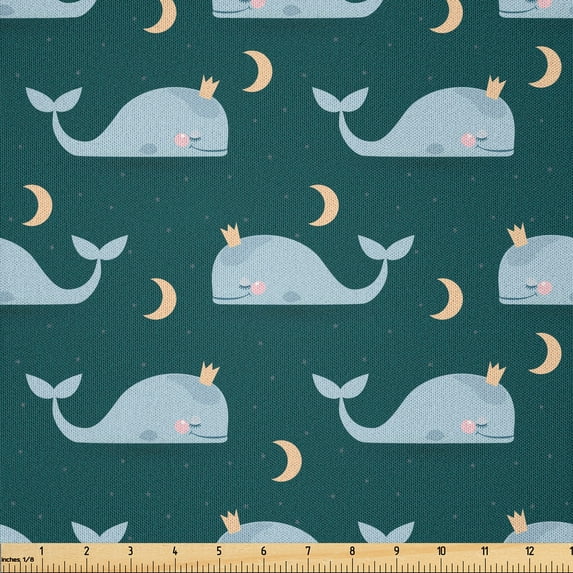 Ambesonne Whale Fabric by the Yard Microfiber, Kings of the Ocean Asleep, 1 Yard, Pale Blue Beige Teal
