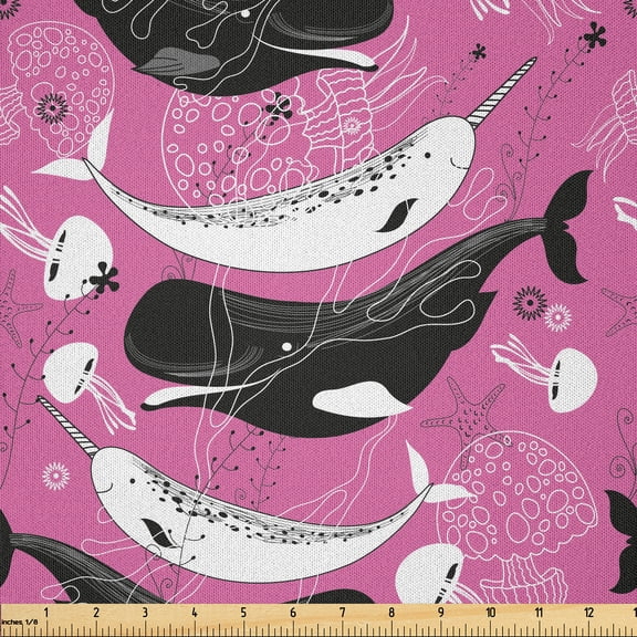 Ambesonne Whale Fabric by the Yard Microfiber, Narwhal Mammal Ocean Animal, 1 Yard, Pink and Charcoal Grey
