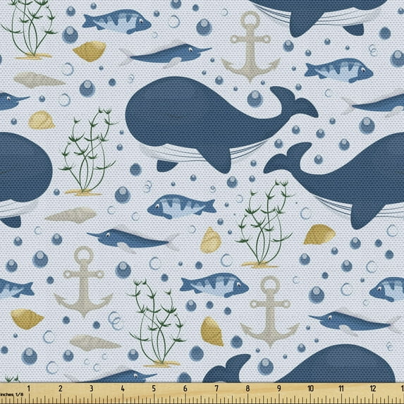Ambesonne Whale Fabric by the Yard Upholstery, Big Size Mammal Fish Motif, 2 Yards, Pale Blue Multicolor
