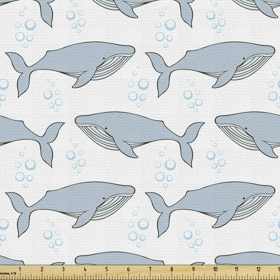 Ambesonne Whale Fabric by the Yard Upholstery, Giants of Aquatic World, 2 Yards, White Pale Blue