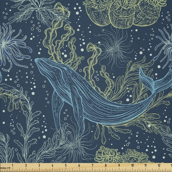 Ambesonne Whale Fabric by the Yard Microfiber, Marine Fauna and Flora, 3 Yards, Indigo Sea Green Blue