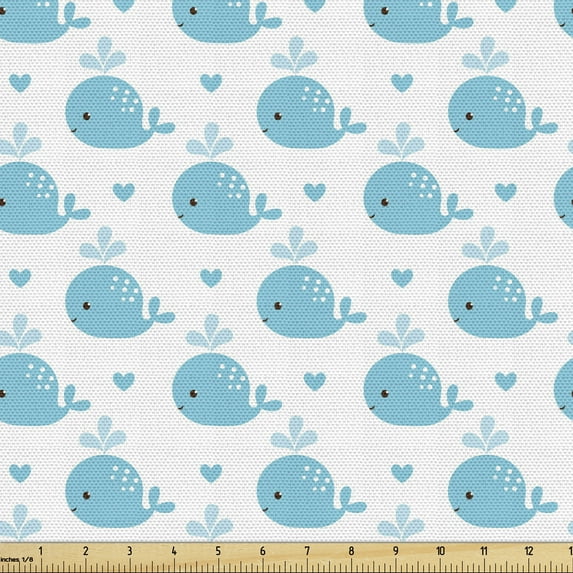 Ambesonne Whale Fabric by the Yard Upholstery, Simple Fish Pattern Aqua Tone, 10 Yards, Pale Blue White