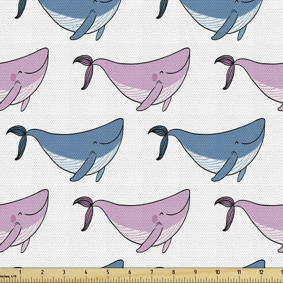 Ambesonne Whale Fabric by the Yard Upholstery, Swimming Happy Fish Sea, 1 Yard, Blue Lilac and White