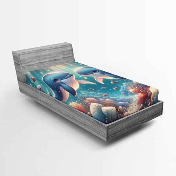 Ambesonne Whale Fitted Sheet, Aqua Art Deep Ocean Cartoon, Twin Size, Sea Blue and Coral
