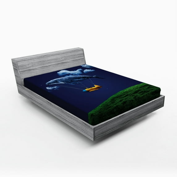 Ambesonne Whale Fitted Sheet, Nostalgic Airship Mystic, Queen Size, Navy Blue Fern Green