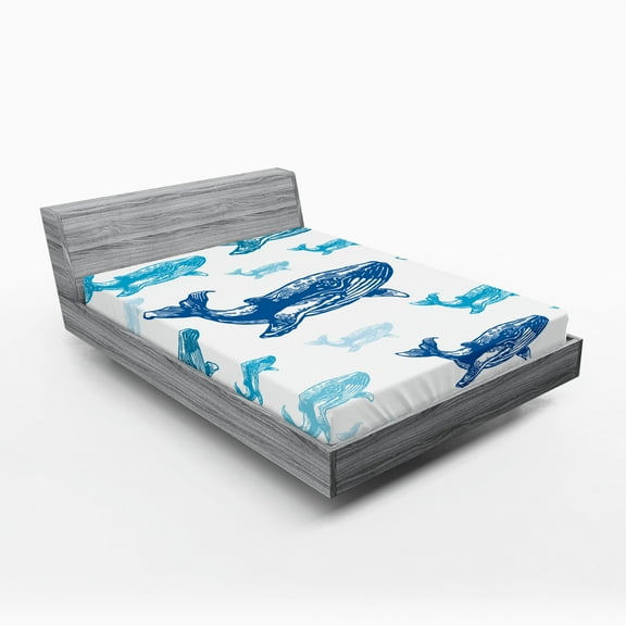 Ambesonne Whale Fitted Sheet, Ocean Animals Colorful, Queen Size, Blue White