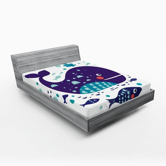 Ambesonne Whale Fitted Sheet, Ocean Cartoon Big Fish, Queen Size, Purple Turquoise White