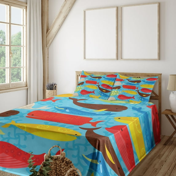 Ambesonne Whale Fitted & Top Sheet Set with Shams, Deep Ocean Animals, Multicolor